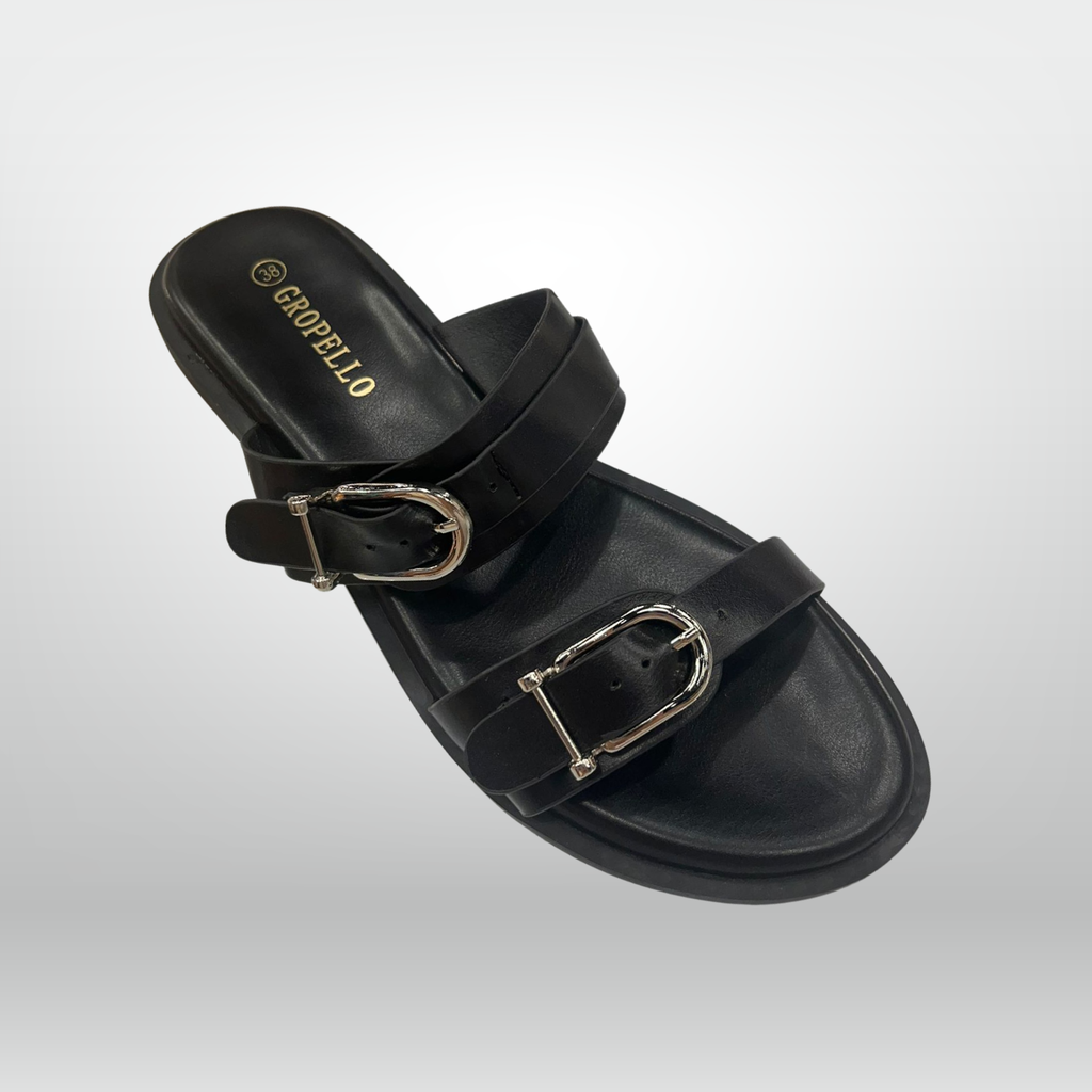 Double Buckle Flat Slide Sandal